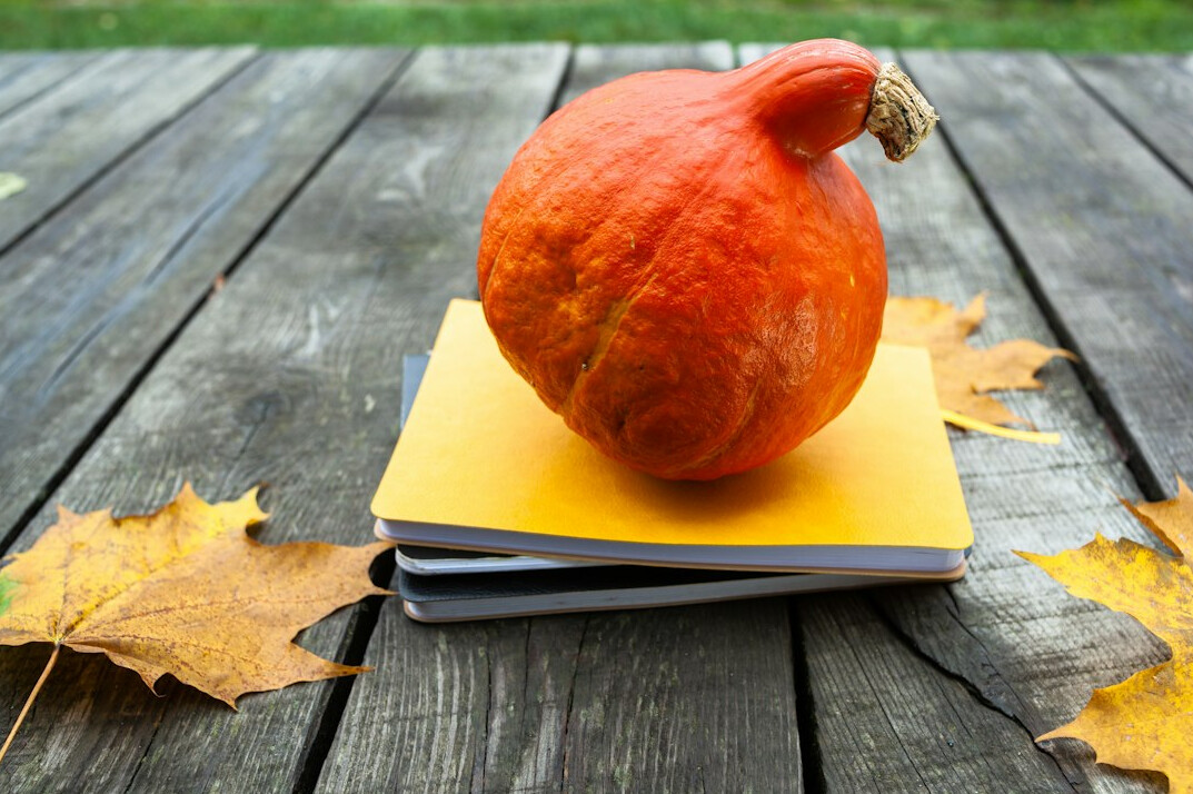 Open book next to a mate gourd and reading glasses on a wooden table
