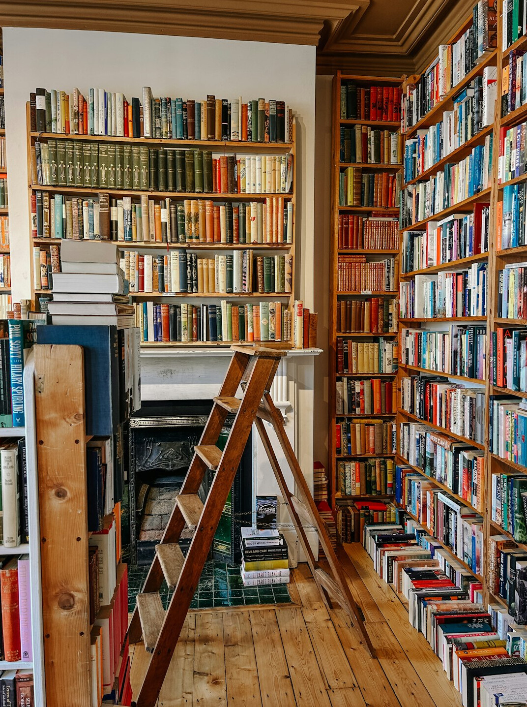 Wooden library shelves full of old books with a rolling ladder